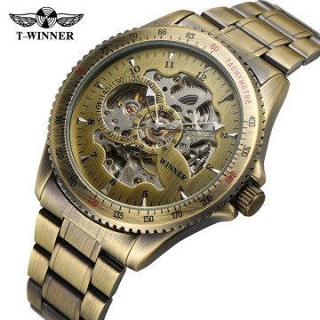 T-WINNER nuevo reloj de bronce retro dorado para hombres, correa de acero inoxidable sin decoloración, movimiento de alta calidad, reloj de cuarzo en reloj de pulsera